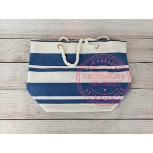 Victoria's Secret Beach Tote Blue White Striped w/ Pink Logo